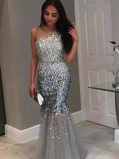 Hermosos vestidos de fiesta de tul con lentejuelas, sin mangas, estilo sirena, joya, hasta el suelo