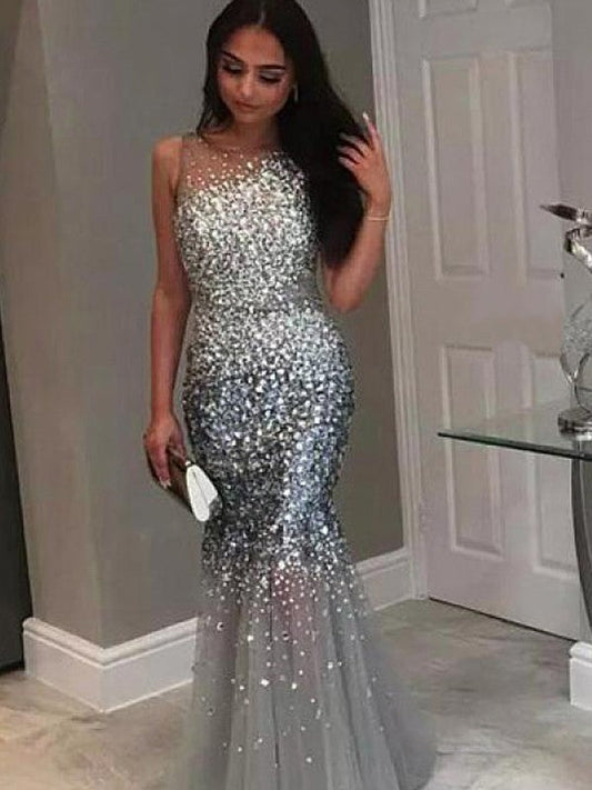 Hermosos vestidos de fiesta de tul con lentejuelas, sin mangas, estilo sirena, joya, hasta el suelo