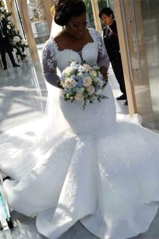Wunderschönes Meerjungfrau-Spitzen-Brautkleid mit Kapellenschleppe und langen Ärmeln
