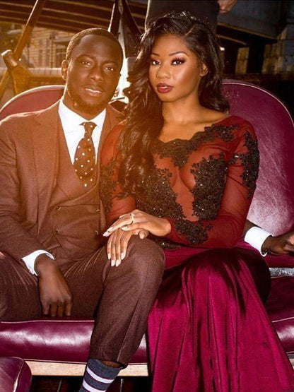 Hermosos vestidos de fiesta de sirena con mangas largas, cola barco, apliques de licra