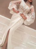 Hermosos vestidos de fiesta de crepé elástico con encaje y cuello alto y mangas largas de sirena