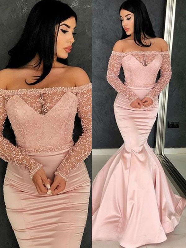 Wunderschöne Meerjungfrau Lange Ärmel Off-the-Shoulder Rüschen Satin Ballkleider