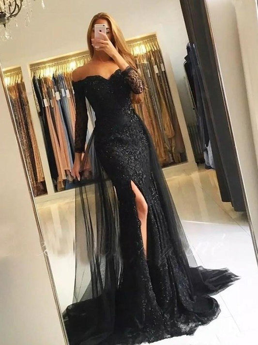Hermosos vestidos de fiesta de tul con encaje y mangas largas de sirena y hombros descubiertos