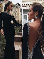 Wunderschöne Meerjungfrau Lange Ärmel One-Shoulder Spandex Perlenbesetzte Ballkleider