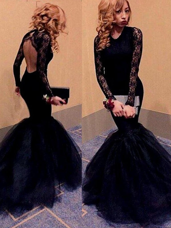 Hermosos vestidos de fiesta de tul con encaje y mangas largas de sirena