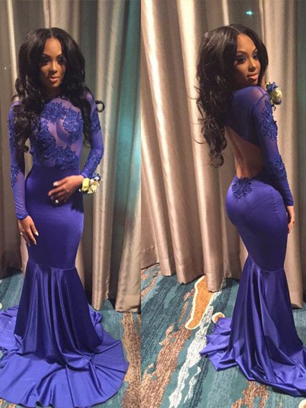 Hermosos vestidos de fiesta de licra con escote redondo y mangas largas de sirena
