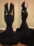 Hermosos vestidos de fiesta de sirena con mangas largas, escote en V y apliques de licra
