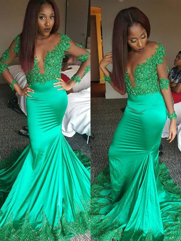 Hermosos vestidos de fiesta de sirena con mangas largas, escote en V y encaje satinado