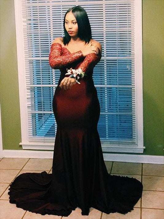 Wunderschöne Meerjungfrau-Abendkleider mit schulterfreien, langen Ärmeln und Applikationen aus elastischem Satin in Übergröße