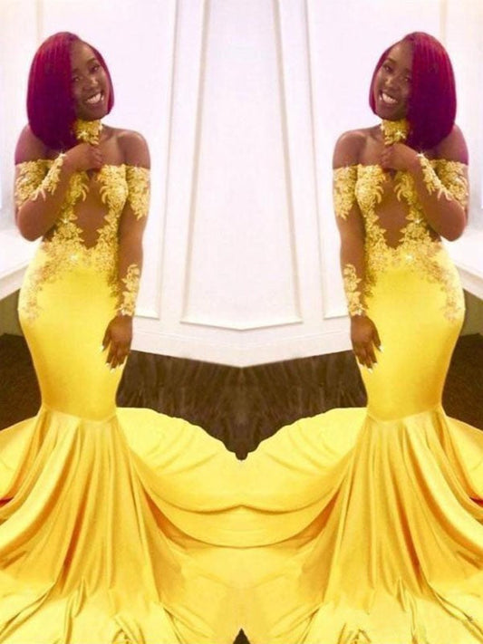 Hermosos vestidos de fiesta de satén elástico tejido con apliques y mangas largas con hombros descubiertos y corte sirena