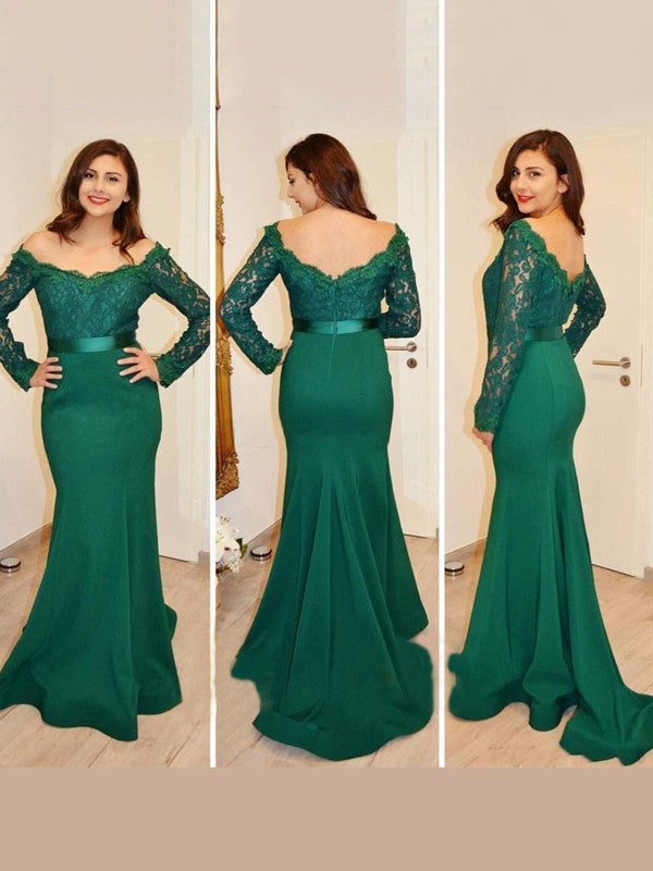 Wunderschöne Meerjungfrau Off-the-Shoulder Lange Ärmel Applikation Satin Ballkleider