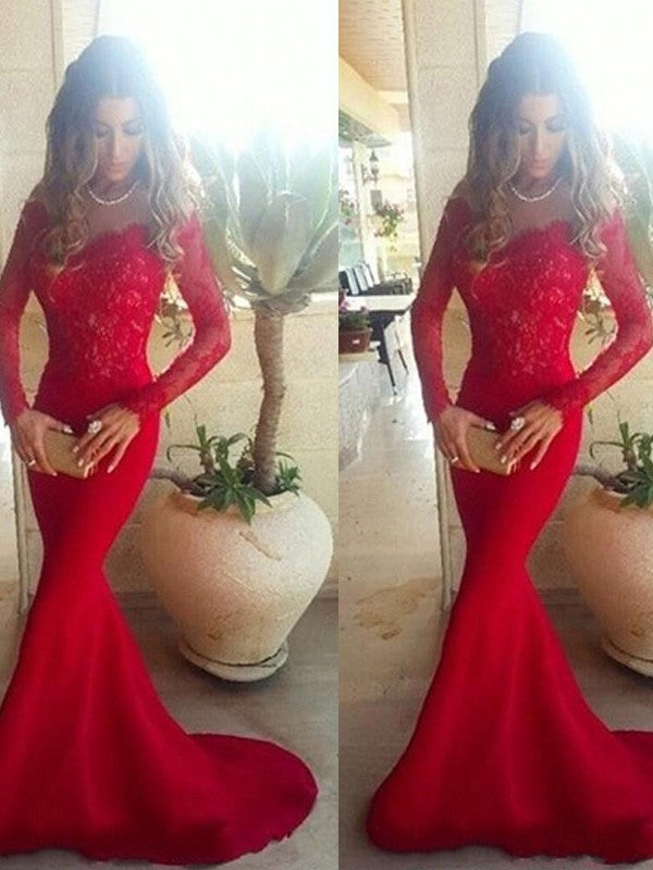 Hermosos vestidos de fiesta de satén elástico con encaje y mangas largas con hombros descubiertos y corte sirena