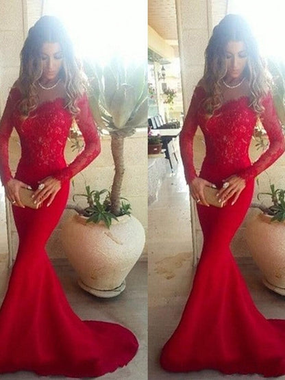 Hermosos vestidos de fiesta de satén elástico con encaje y mangas largas con hombros descubiertos y corte sirena