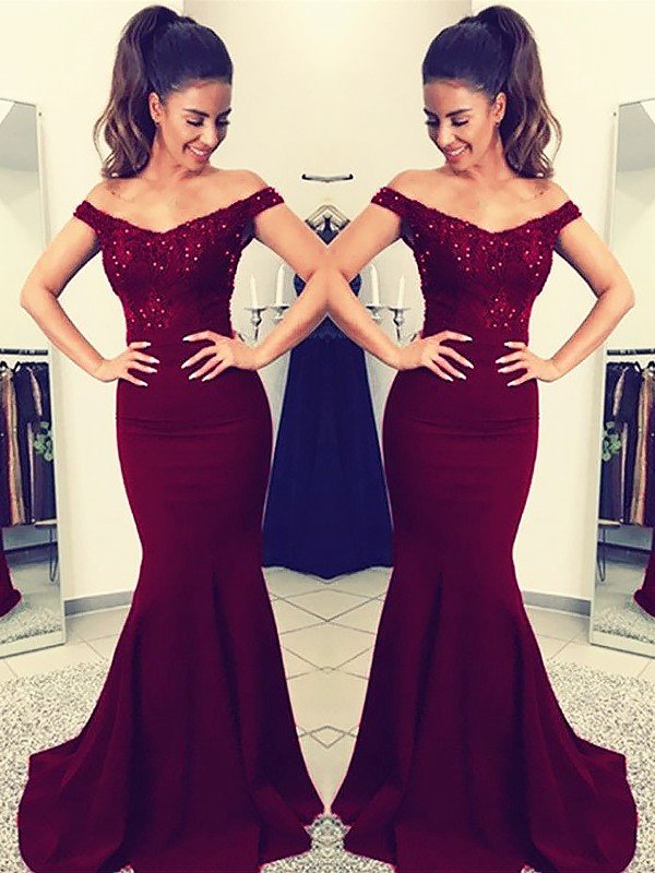 Hermosos vestidos de fiesta de satén elástico con encaje, sin mangas y hombros descubiertos, estilo sirena