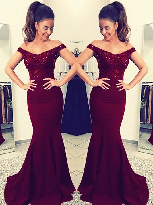 Hermosos vestidos de fiesta de satén elástico con encaje, sin mangas y hombros descubiertos, estilo sirena