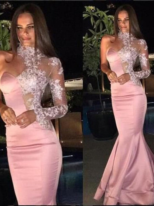 Hermosos vestidos de fiesta de sirena con apliques de satén, un solo hombro y mangas largas
