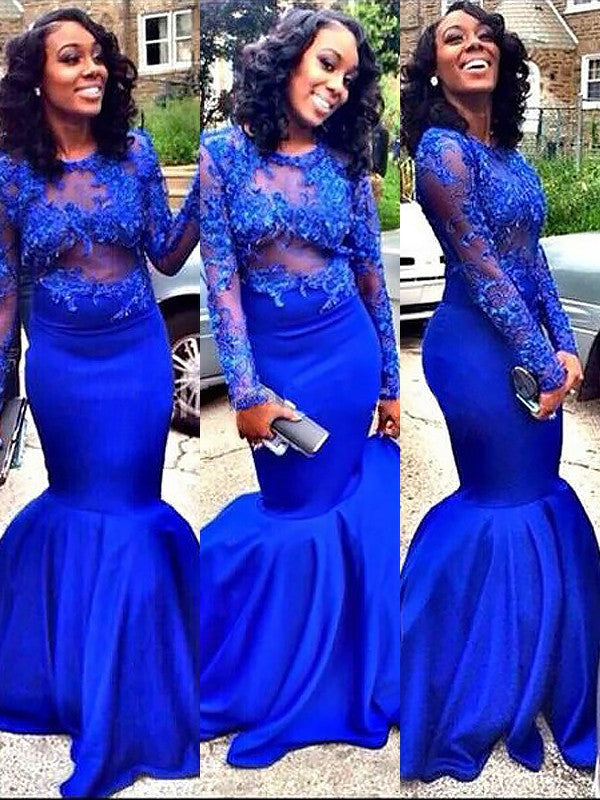 Hermosos vestidos de fiesta de sirena de satén con mangas largas, escote redondo y apliques hasta el suelo