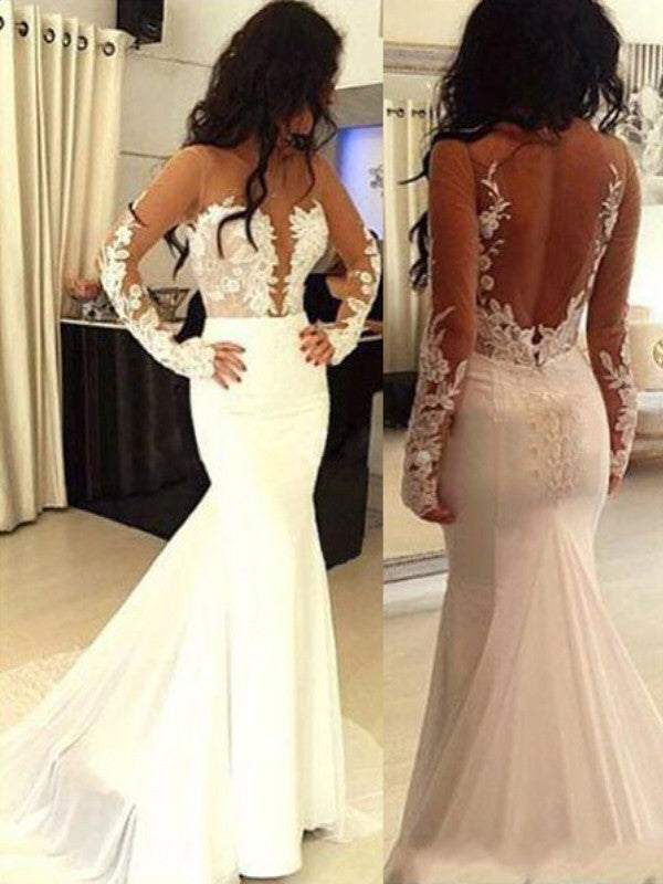 Hermosos vestidos de fiesta de sirena con escote redondo de gasa, mangas largas y apliques