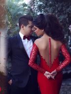 Hermosos vestidos de fiesta de crepé elástico con apliques y mangas largas con escote sirena
