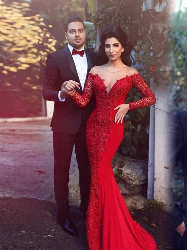 Hermosos vestidos de fiesta de crepé elástico con apliques y mangas largas con escote sirena