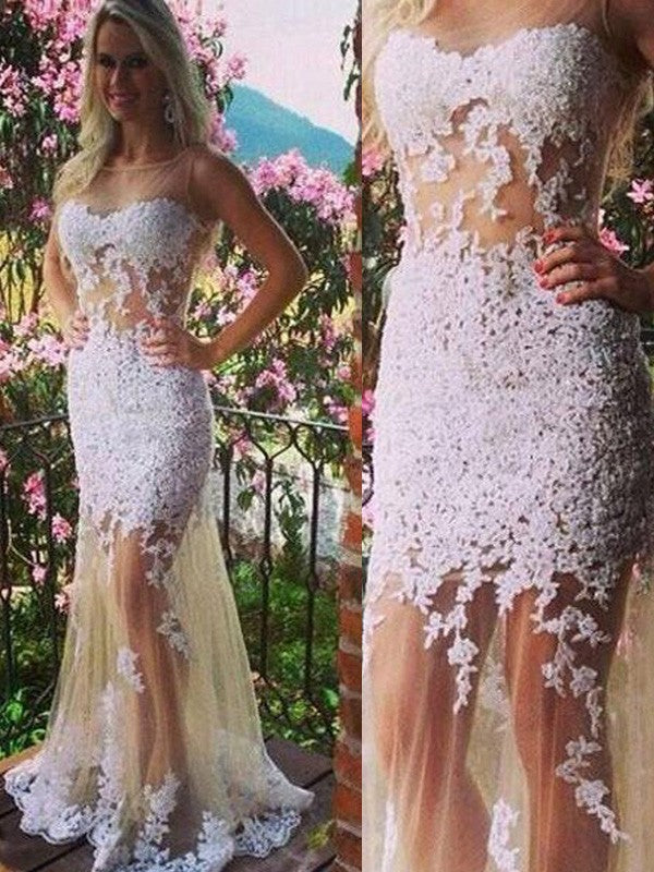 Hermosos vestidos de fiesta de sirena con escote redondo, sin mangas, apliques de tul y largo hasta el suelo