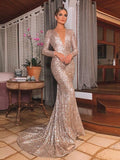 Hermosos vestidos de fiesta de sirena con lentejuelas, mangas largas, escote en V y volantes
