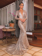 Hermosos vestidos de fiesta de sirena con lentejuelas, mangas largas, escote en V y volantes