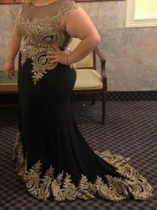 Hermosos vestidos de fiesta de talla grande de gasa con apliques y cuello transparente de sirena sin mangas