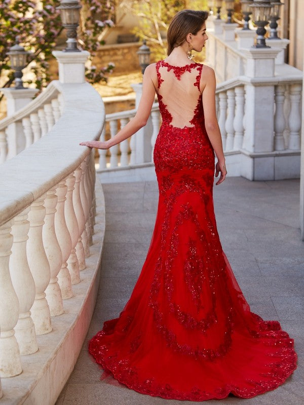 Wunderschöne Meerjungfrau transparenter Hals ärmellose Applikation Tüll Ballkleider