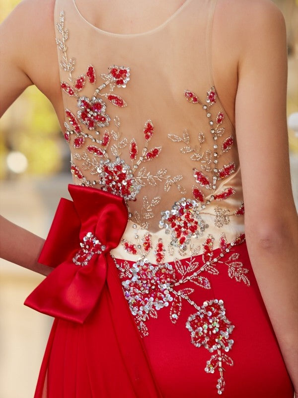 Hermosos vestidos de fiesta de sirena con escote transparente, sin mangas, cola de corte y apliques