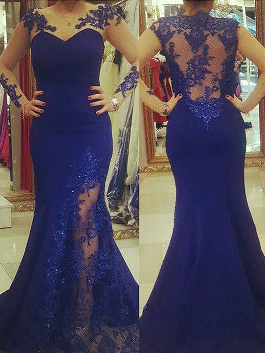 Hermosos vestidos de fiesta de talla grande con mangas largas y apliques redondos de satén tipo sirena con efecto seda