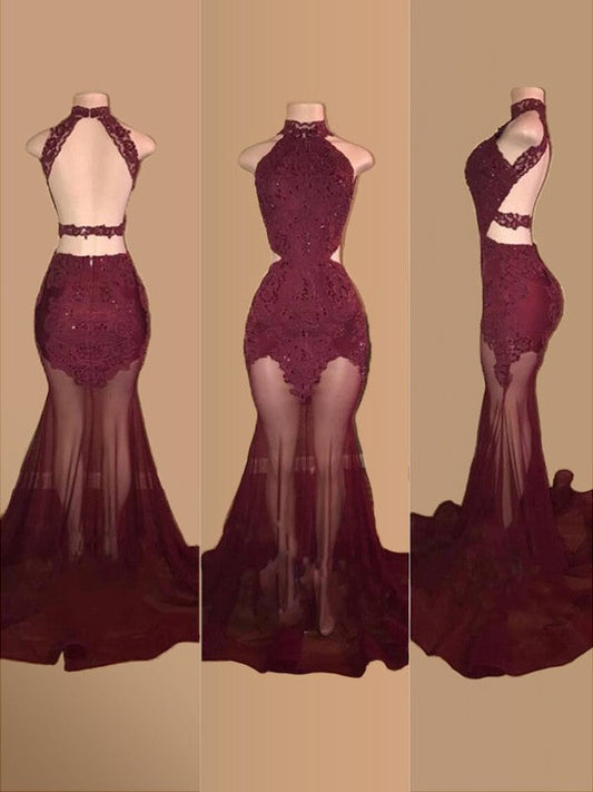 Hermosos vestidos de fiesta de sirena sin mangas con cuello halter y cola de corte en tul con apliques