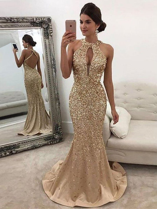 Hermosos vestidos de fiesta de satén con lentejuelas y cuello halter sin mangas de sirena