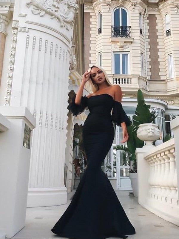 Wunderschönes Meerjungfrau-Ballkleid aus Stretch-Krepp mit schulterfreien, bodenlangen Rüschen