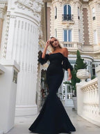 Wunderschönes Meerjungfrau-Ballkleid aus Stretch-Krepp mit schulterfreien, bodenlangen Rüschen