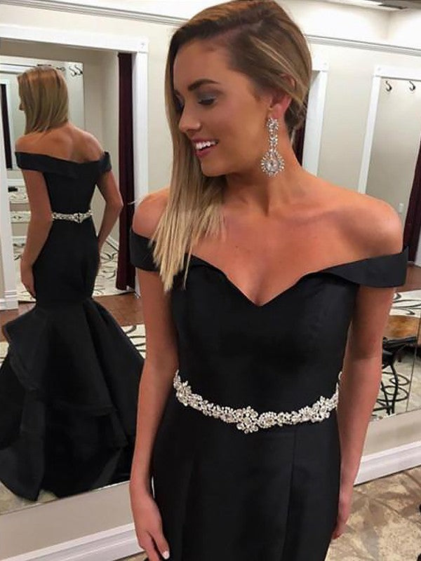 Wunderschöne Meerjungfrau ärmellose Off-the-Shoulder Satin Perlen verziert Ballkleider