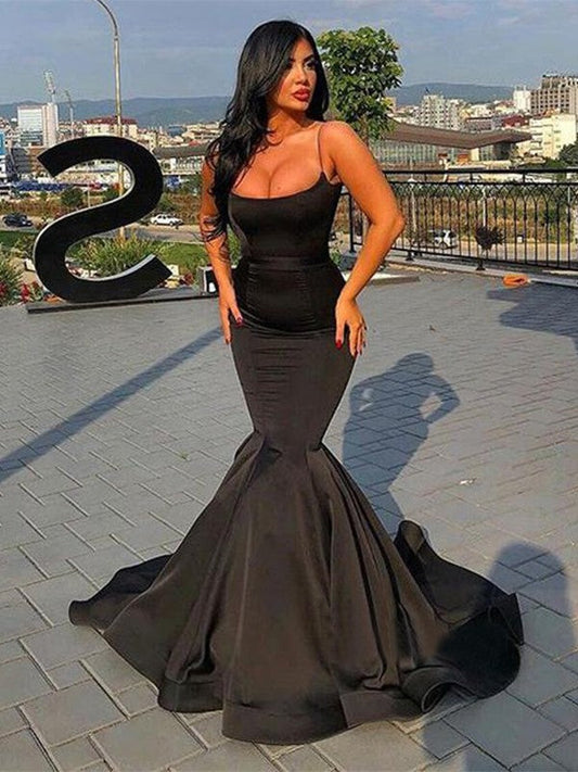 Wunderschöne Meerjungfrau Ärmellose Spaghettiträger Rüschen Satin Ballkleider