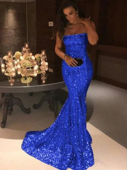 Hermosos vestidos de fiesta de sirena sin mangas con lentejuelas y sin tirantes