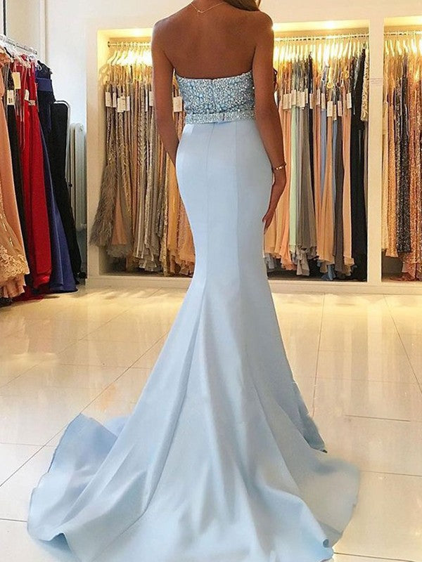 Wunderschöne Meerjungfrau Ärmelloses Herzausschnitt Perlenbesetztes Satin-Ballkleid