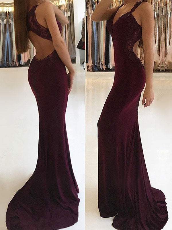 Hermosos vestidos de fiesta de crepé elástico con apliques y escote en V sin mangas y corte sirena