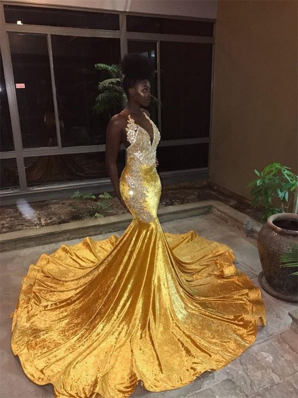 Hermosos vestidos de fiesta de terciopelo con encaje y cola de sirena, sin mangas, escote en V