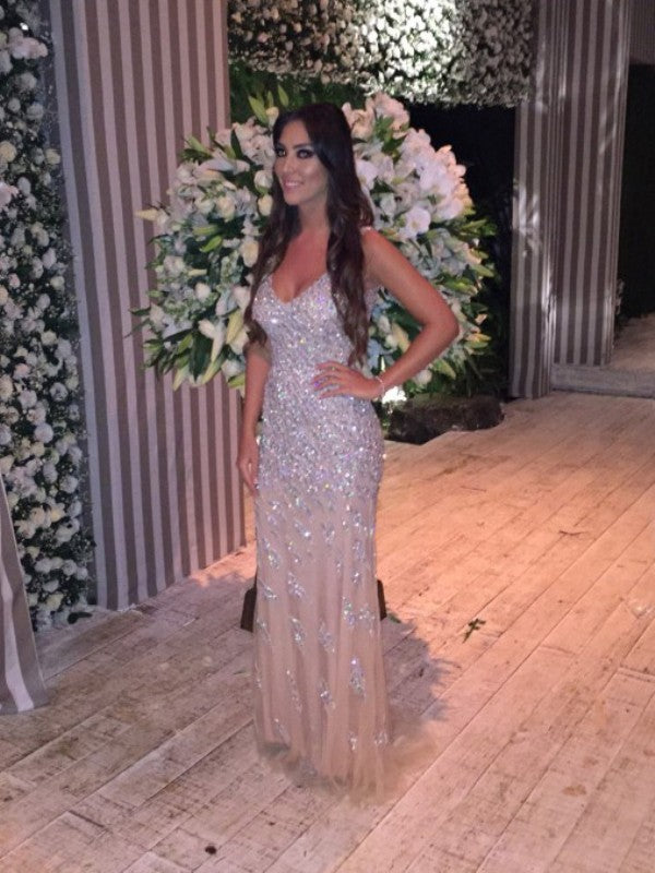 Hermosos vestidos de fiesta de sirena sin mangas con escote en V de tul y cristales