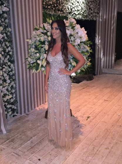 Hermosos vestidos de fiesta de sirena sin mangas con escote en V de tul y cristales