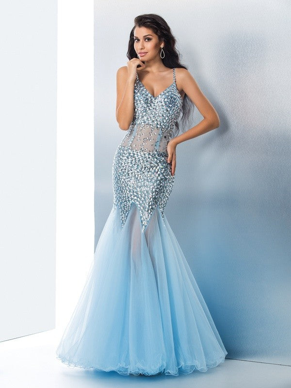 Hermosos vestidos de fiesta largos de tul sin mangas con lentejuelas y tirantes finos de sirena