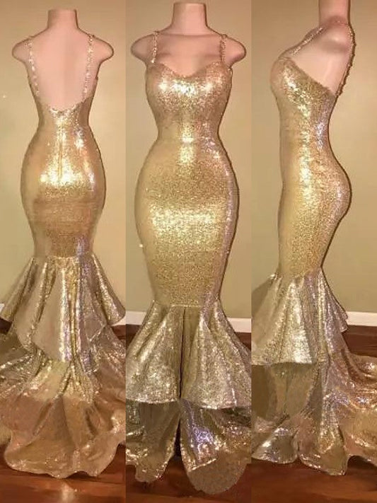 Hermosos vestidos de fiesta de sirena con tirantes finos, sin mangas, lentejuelas y volantes