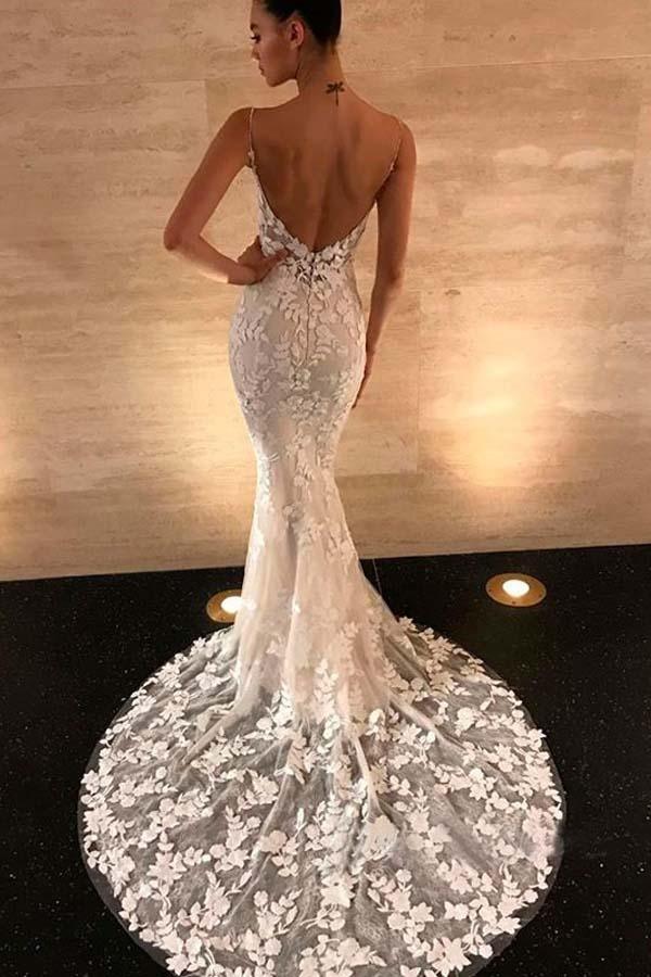 Hermosos vestidos de novia de encaje con espalda abierta y tirantes de sirena WD305