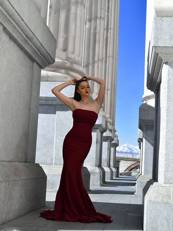 Hermosos vestidos de fiesta sin tirantes, con volantes y sin mangas de crepé elástico de sirena