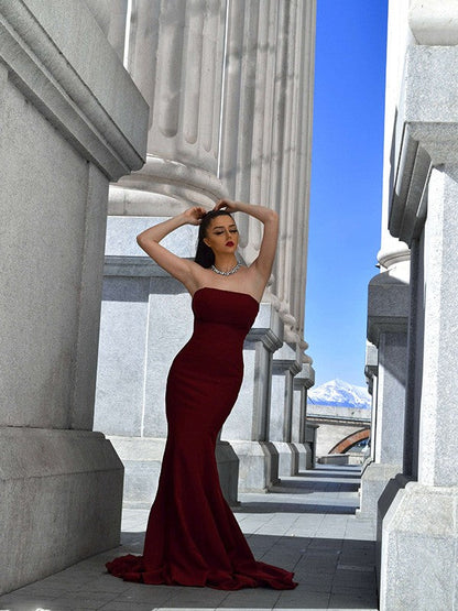 Hermosos vestidos de fiesta sin tirantes, con volantes y sin mangas de crepé elástico de sirena