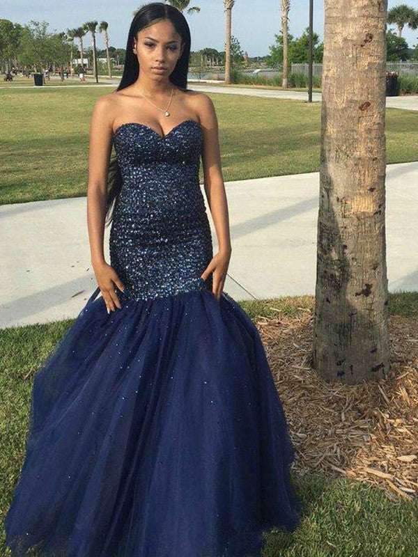 Gorgeous Mermaid Sweetheart Beading Sleeveless Tulle Floor-Length Prom Dresses