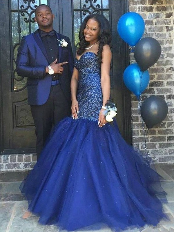 Gorgeous Mermaid Sweetheart Beading Sleeveless Tulle Floor-Length Prom Dresses
